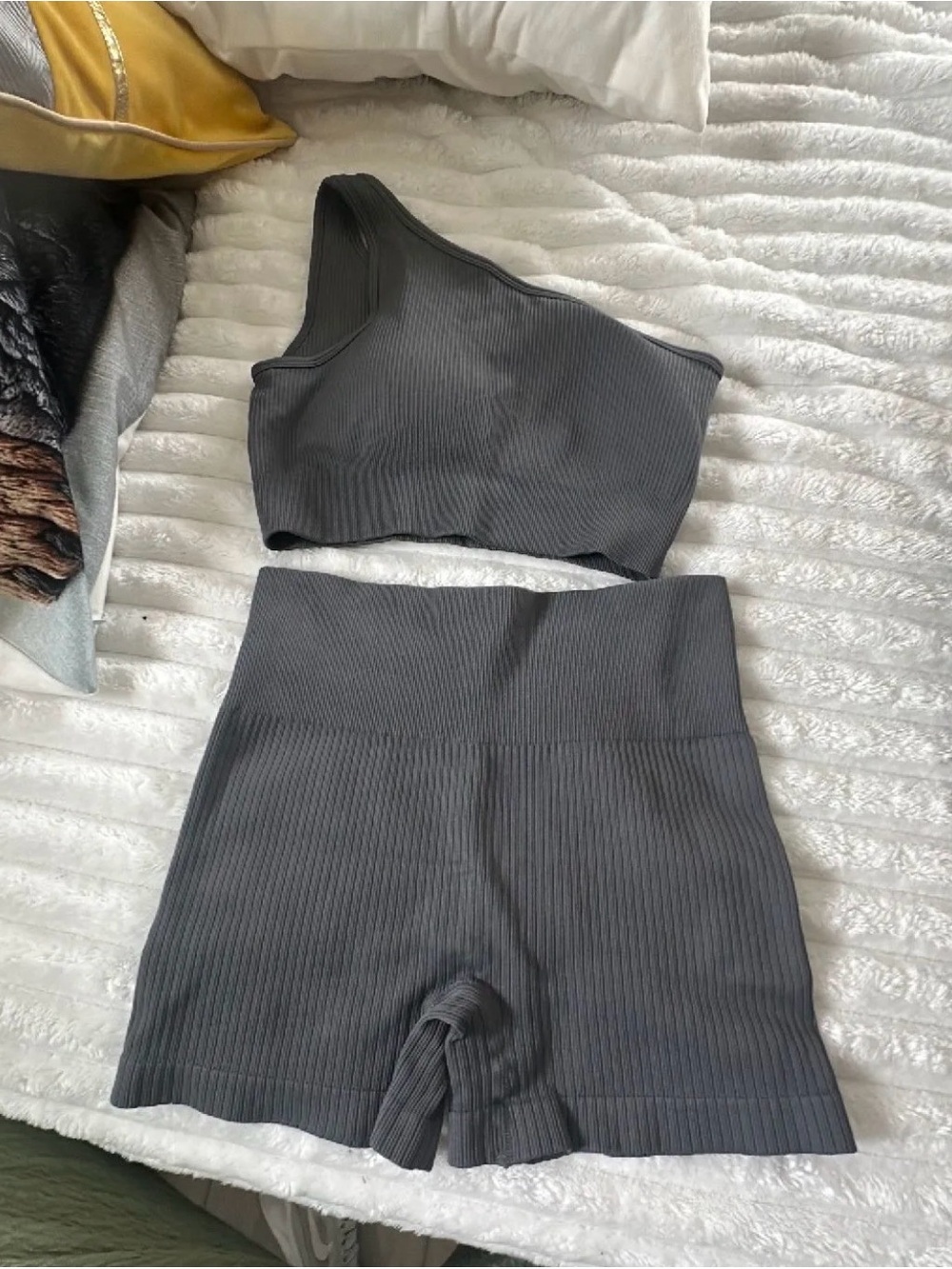 OQQ Ribbed One-Shoulder Crop Top and High-Waist Bike Shorts Set - brand new .